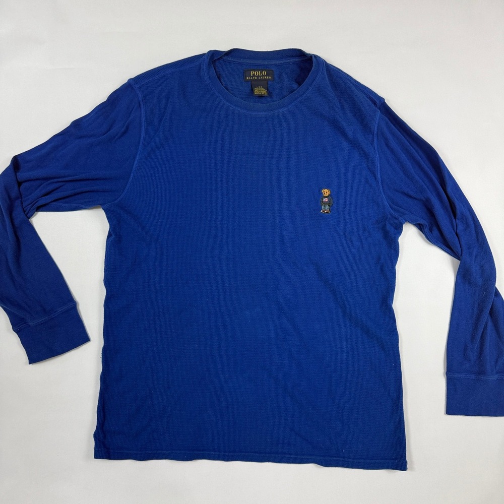 Ralph Lauren USA Flag Polo Bear Waffle Knit Thermal Long Sleeve Shirt Men L Blue